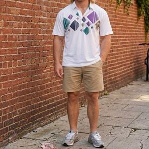 Vintage 1990s Polo Shirt Geometric Purple Tennis 90s Abstract Retro White XL